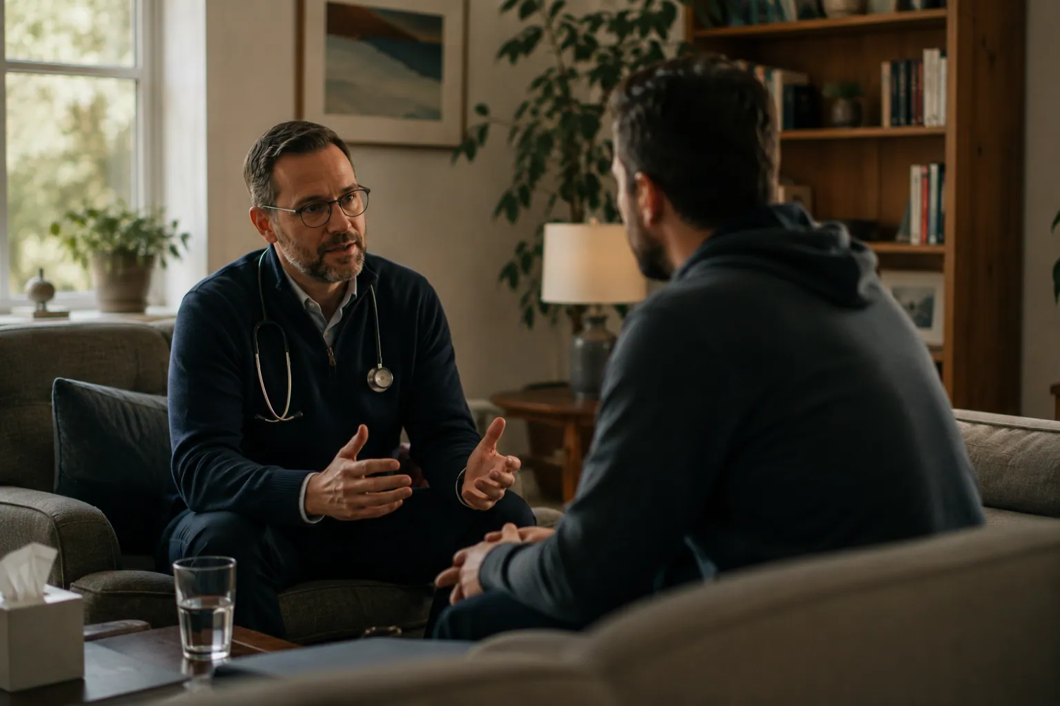 A clinician speaking calmly with a patient during an assessment