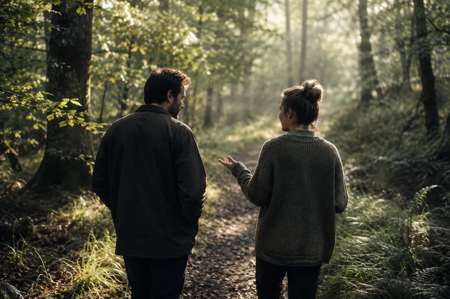 Two people walking and talking through peaceful woodland