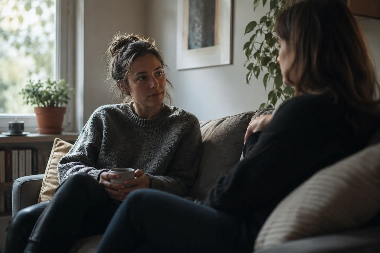 Two people having a calm, supportive conversation over tea