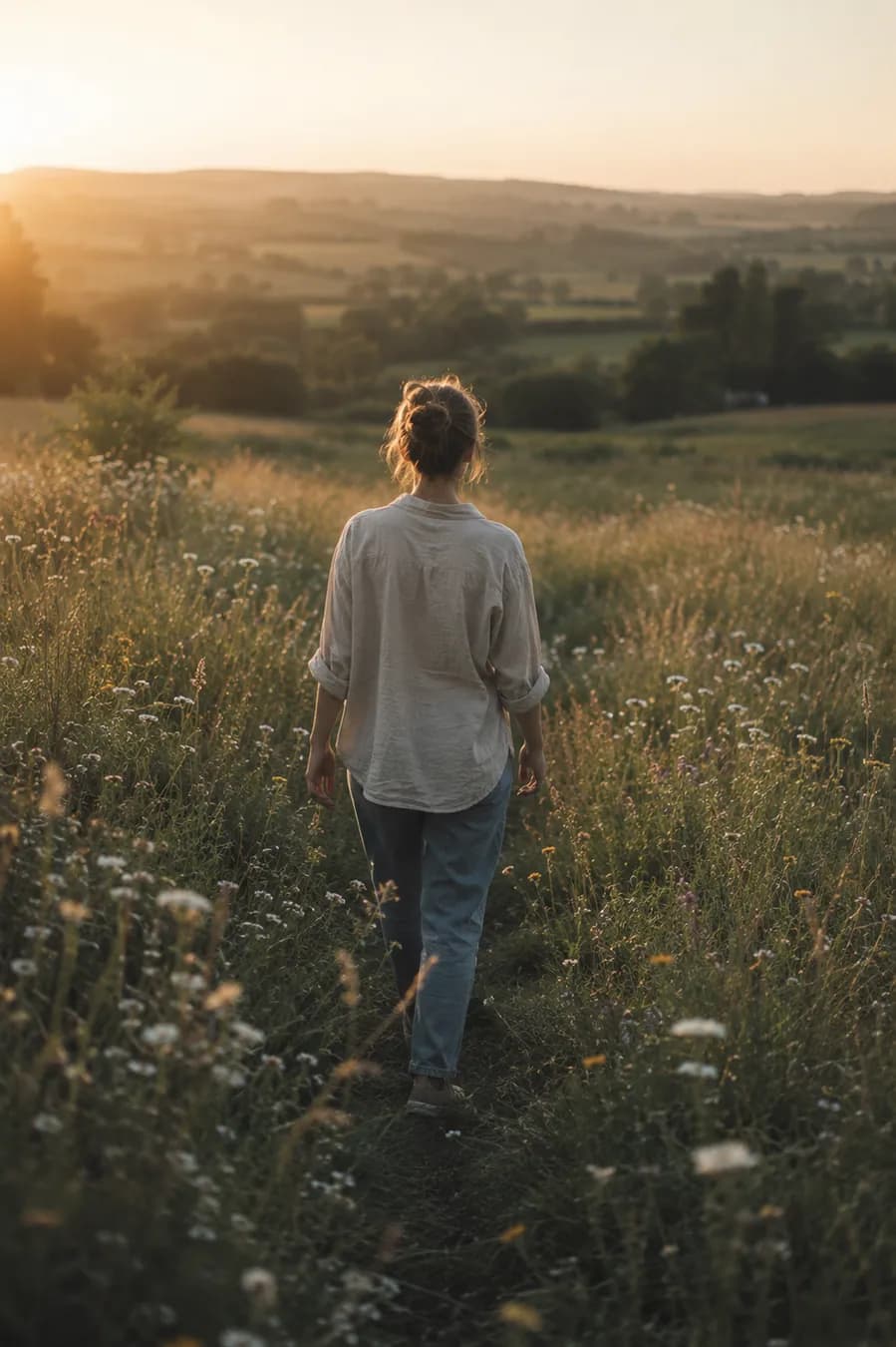 A person walking alone through a softly lit meadow