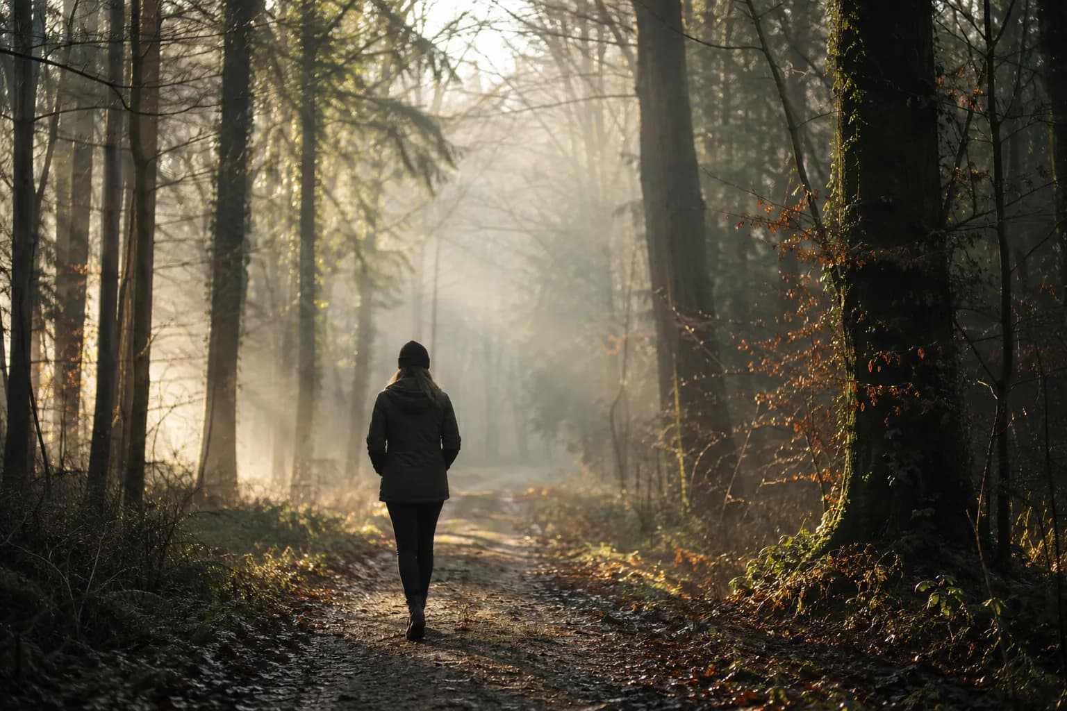 A person walking through sunlit woodland in the morning