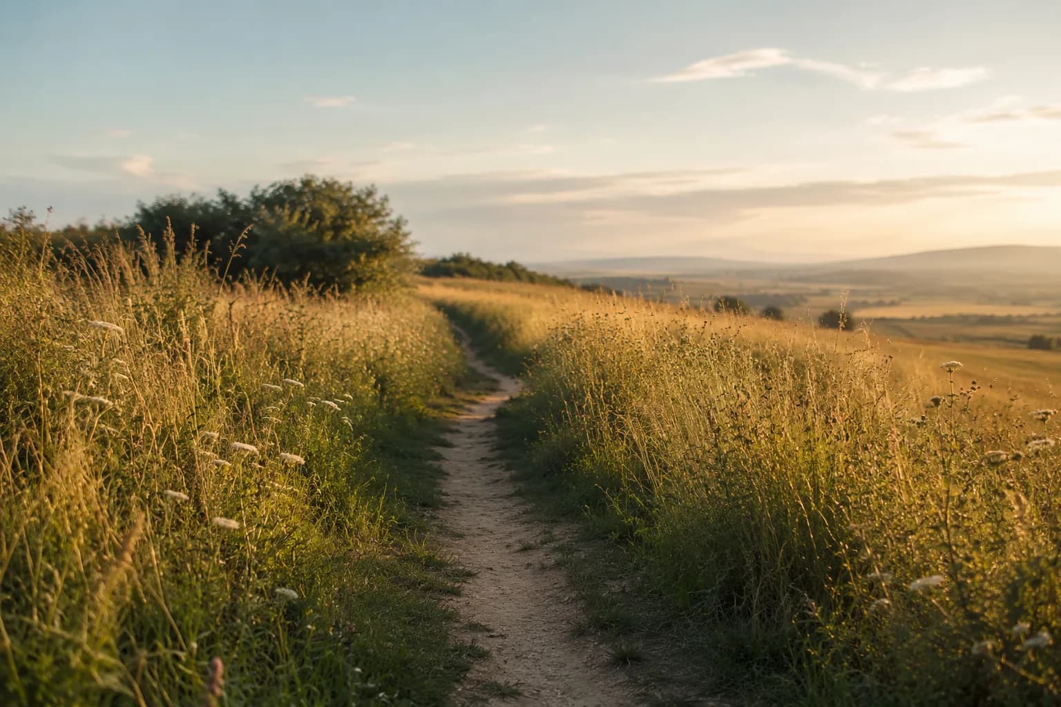A quiet path through open countryside at golden hour
