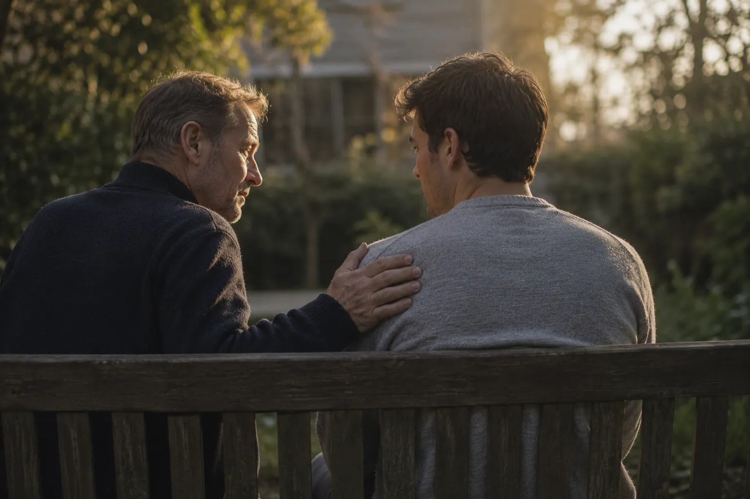 A father and adult son talking together outdoors