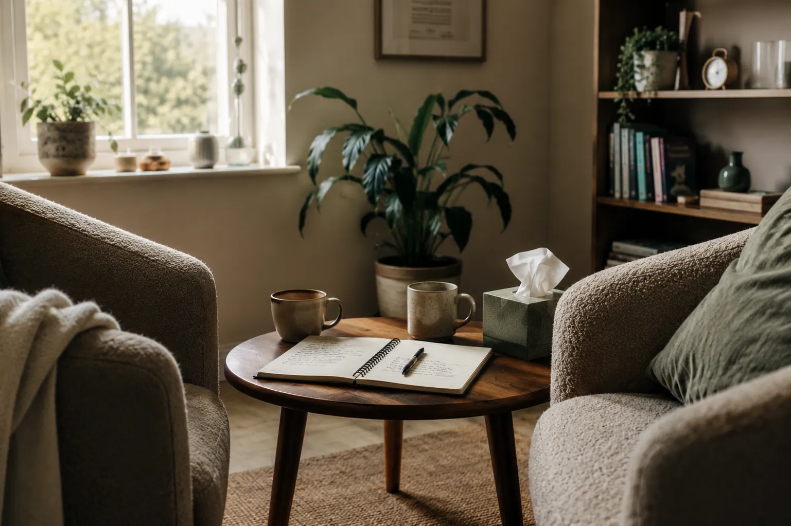 A calm therapy room with chairs arranged for conversation