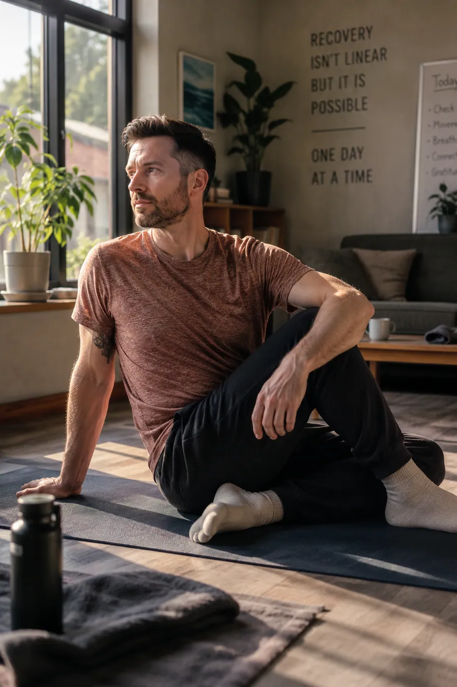 A person practising gentle movement in a calm residential room