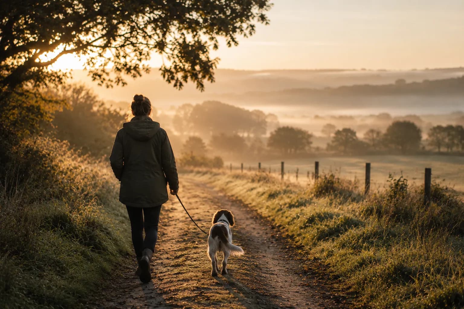 A person walking a dog through peaceful countryside