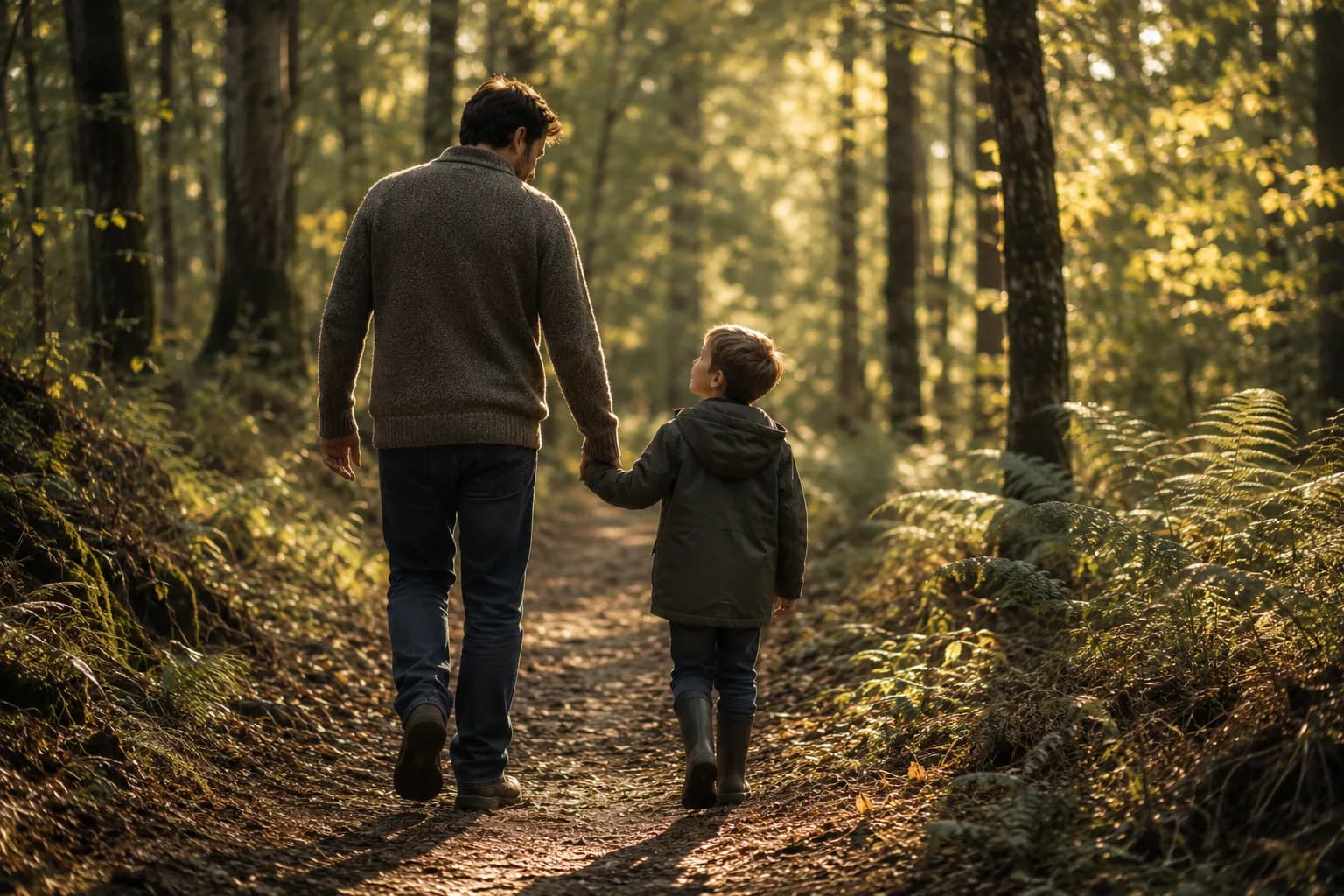 A father and son walking together through woodland