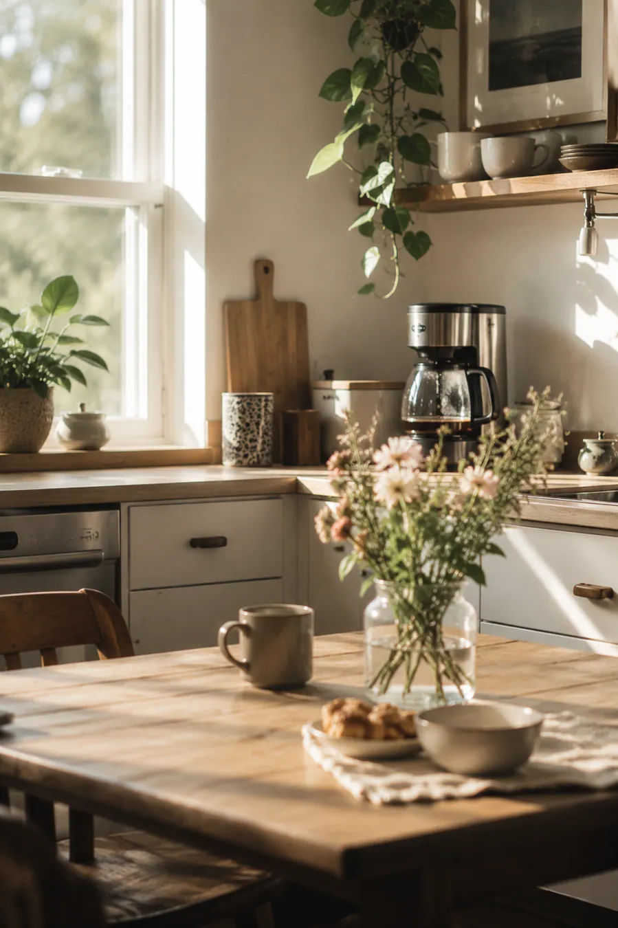A quiet morning kitchen with coffee, flowers and soft natural light