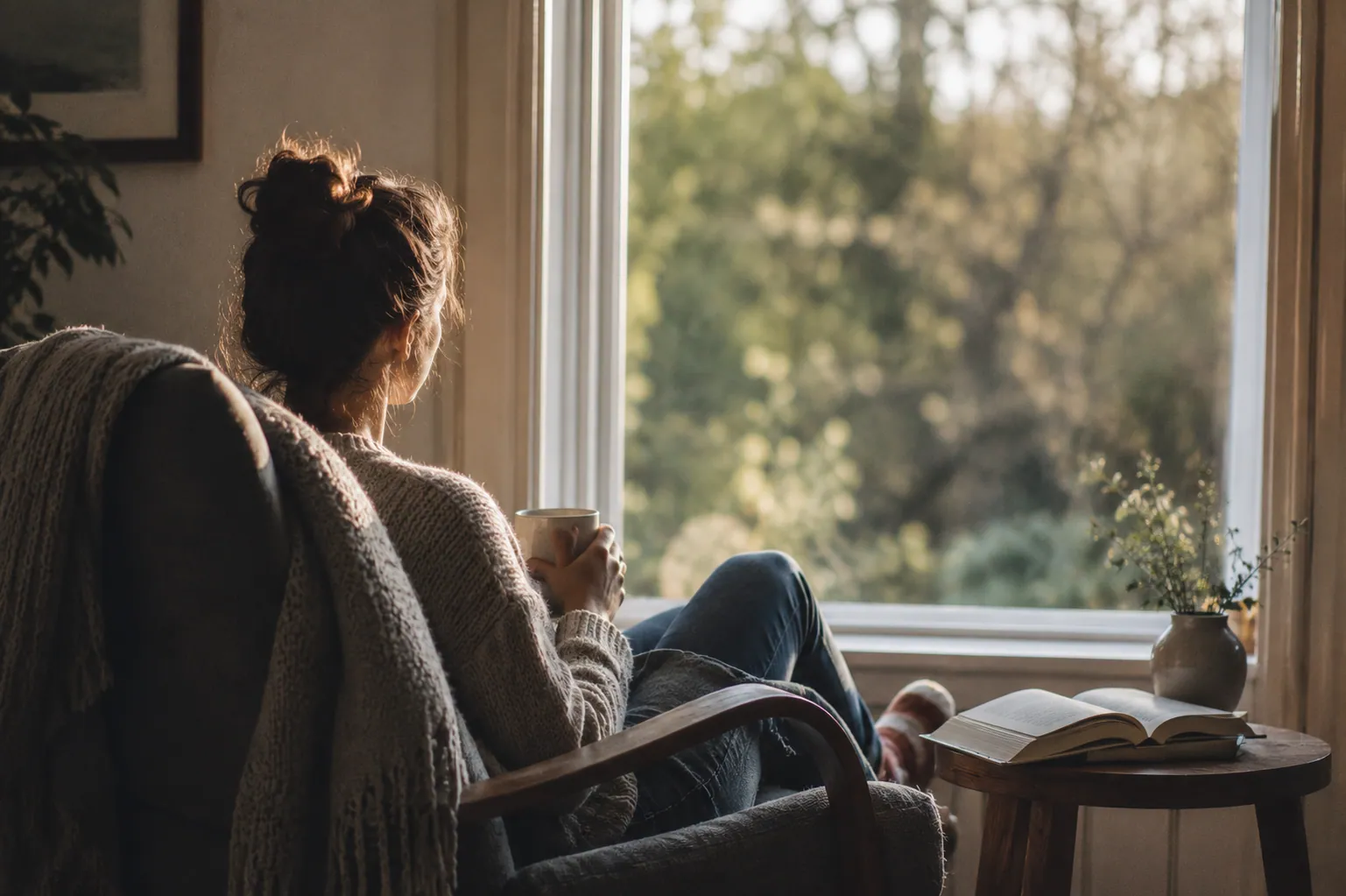 A person sitting quietly by a window in a reflective moment